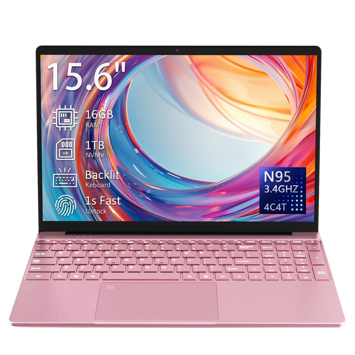 Auusda portátil de 15.6", 4 núcleos N95, pantalla FHD, teclado retroiluminado, sensor de huellas, webcam, Bluetooth, WiFi, Windows 11 Pro, ampliable a 10 TB, T152A, 16 GB RAM, 1 TB SSD, rosa