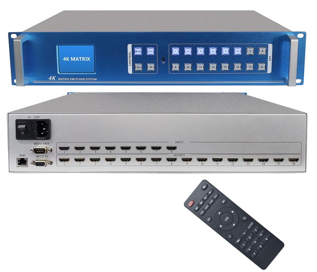 Matriz HDMI ICUIXIAN 8x16 4K30Hz con GUI web, control RS-232, Matriz profesional en rack 8x16 con conmutador y divisor HDMI, compatible con HDCP, EDID, TCP, teclas retroiluminadas, puerto LAN (Matriz 8 entradas 16 salidas) 0816-sk