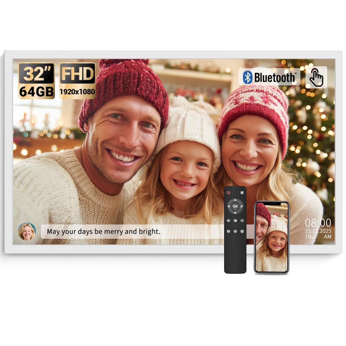 Marco digital grande BSIMB de 32 pulgadas, pantalla táctil 64GB 1920x1080 FHD WiFi, marco de fotos electrónico con control remoto, comparte fotos/videos vía app gratuita/USB/SD, fácil configuración, regalo para mamá, blanco