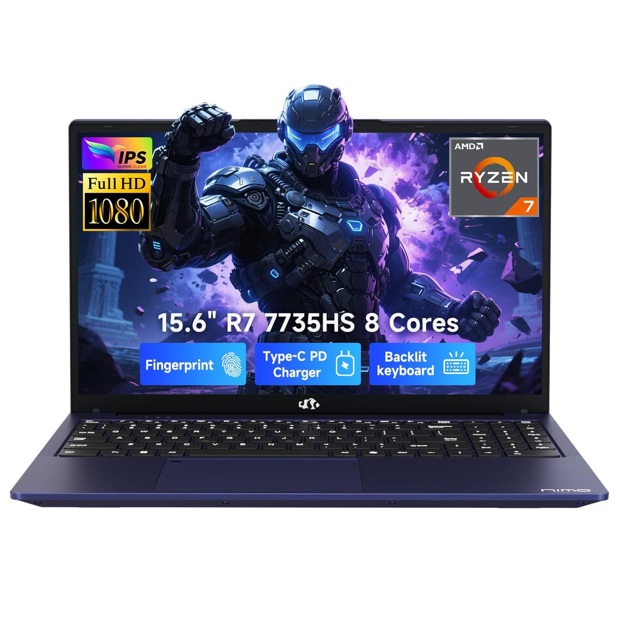 NIMO Laptop para juegos de 15.6", Computadora con AMD Ryzen 7 7735HS de 8 núcleos (Mejor que i7-12650H, hasta 4.75 GHz), 16GB DDR5, SSD 1TB, Gráficos Radeon 680M, USB-C 100W, Teclado retroiluminado, Lector de huellas ARN21S