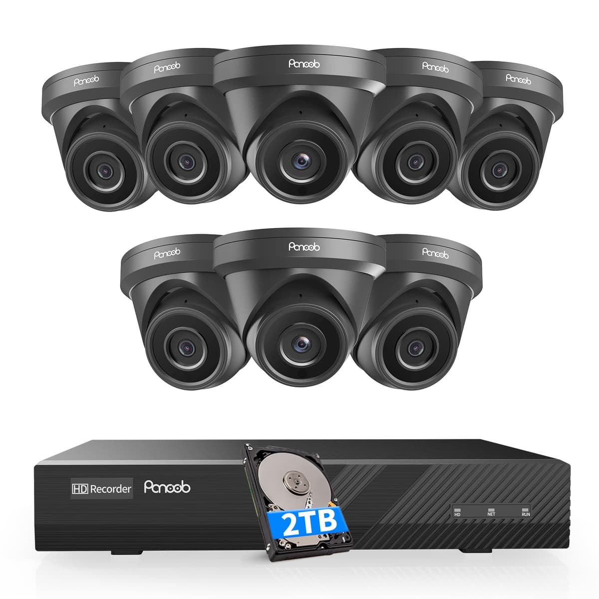 PANOOB Sistema de Cámaras de Seguridad PoE de 8 Canales, 8 Cámaras IP Dome/Turret Cableadas PoE para Interior y Exterior, Reproducción Remota Grabación 24/7, Detección Humana, Micrófono Integrado, NVR 8CH 4K HDD 2TB, PD93A30808-5M