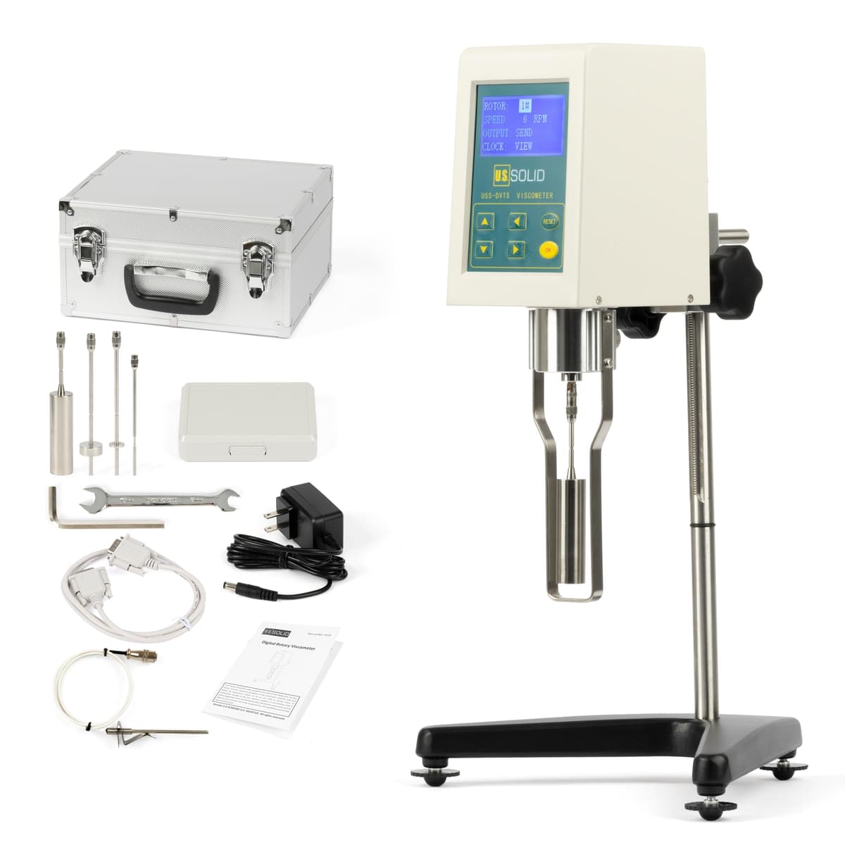 Viscosímetro rotatorio U.S.SOLID USS-DVT00003, LCD, ±2% de precisión, 4 rotores, 100-240V, sonda temp y RS232 USS-DVT00008