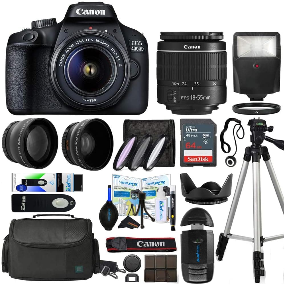 Cámara réflex digital EOS 4000D cuerpo con lente EF-S 18-55 mm f/3.5-5.6 3 kit DSLR incluido con paquete de accesorios Sunshine Photo... (Compatible con Canon) (Reacondicionada) 3011C003AA
