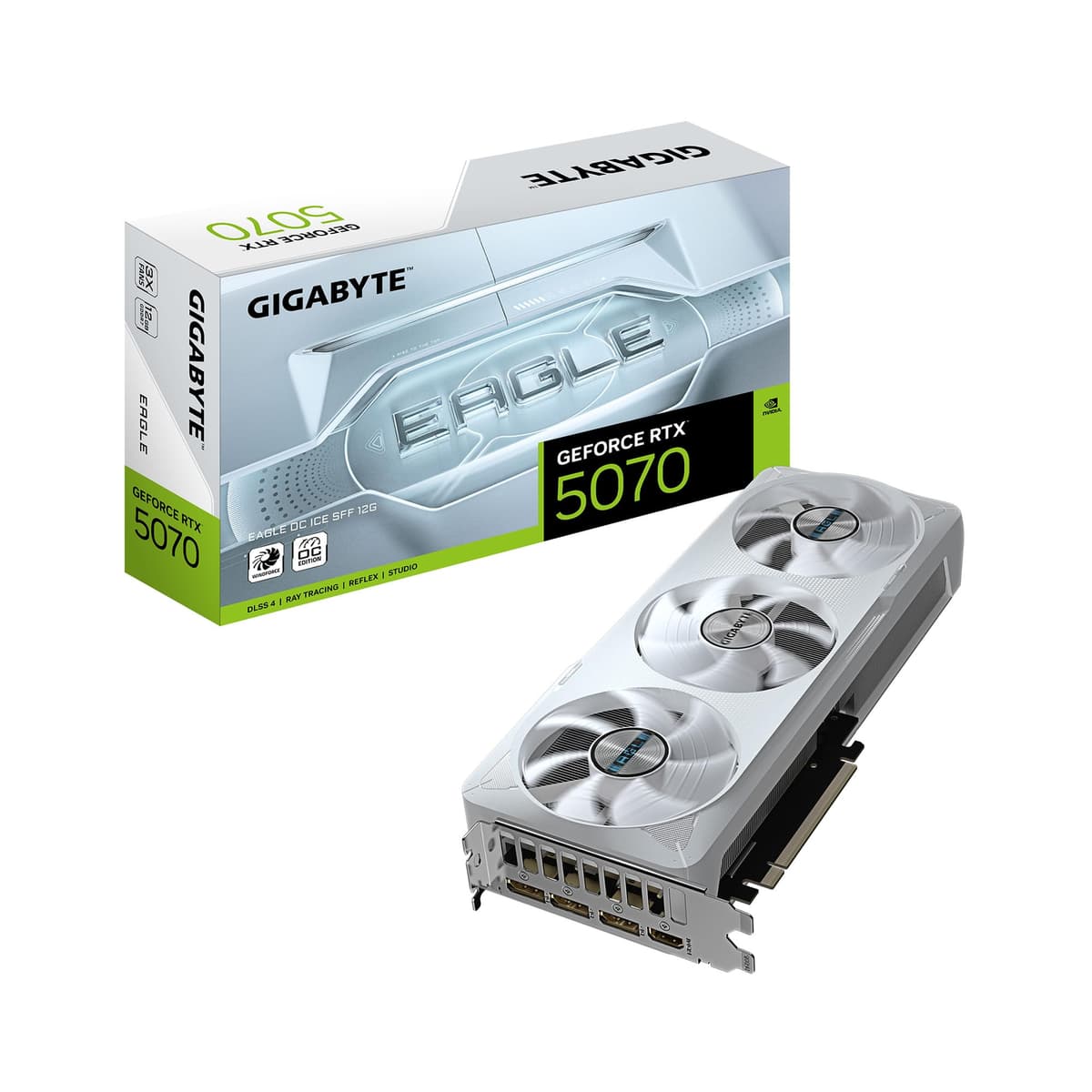 GIGABYTE GeForce RTX 5070 Eagle OC ICE SFF Tarjeta Gráfica 12GB 192-bit GDDR7, PCIe 5.0, Sistema de Enfriamiento WINDFORCE, GV-N5070EAGLEOC ICE-12GD, Compatible con Desktop
