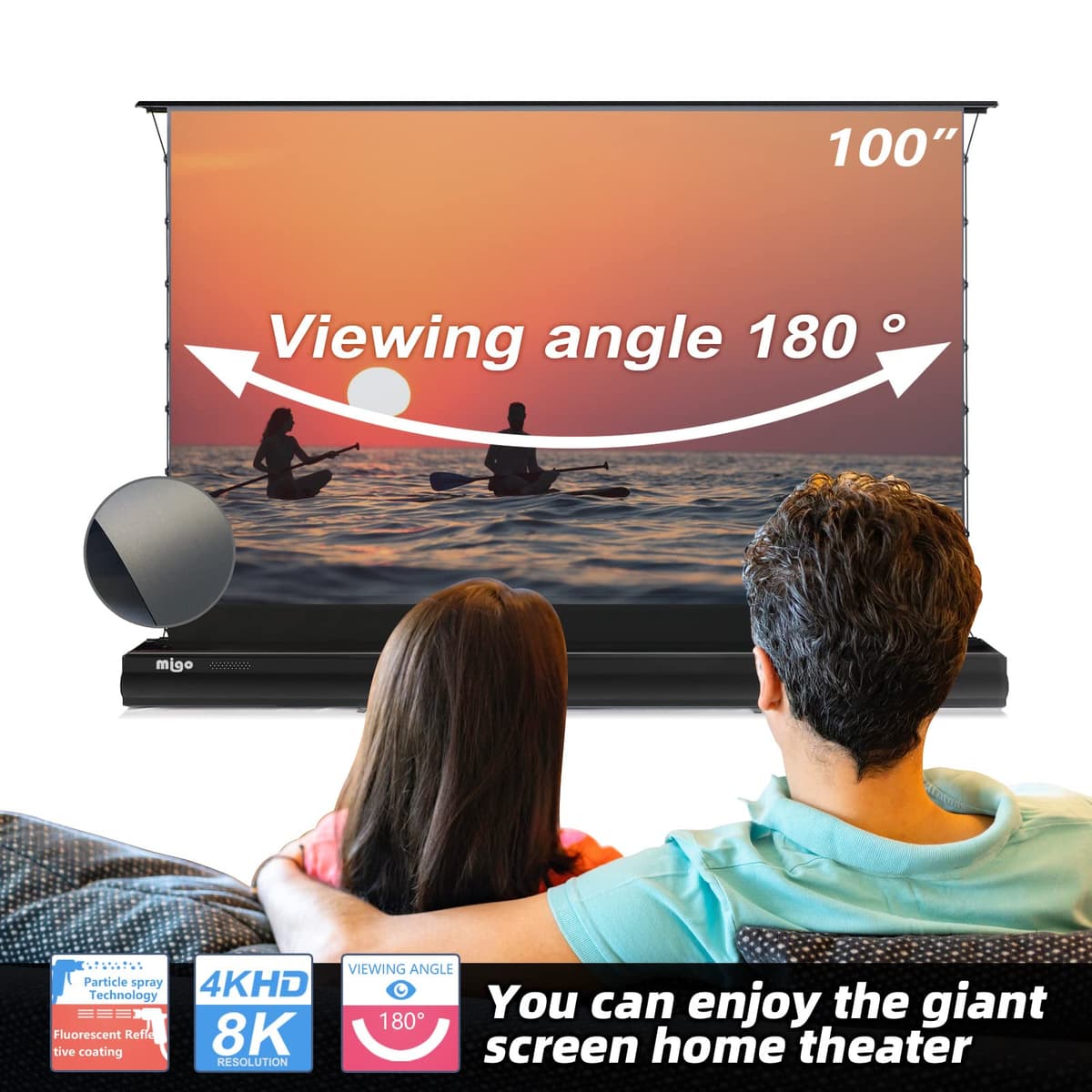 MIGO Pantalla de proyector eléctrica negra 100 inch, motorized floor rising, tab tension ALR para home theater 100 inch black