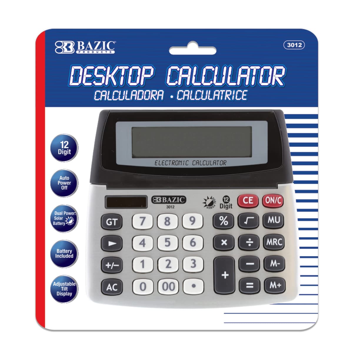 BAZIC Calculadora de Escritorio de 12 Dígitos, Doble Alimentación con Pantalla Ajustable (Caja de 72) 3012-72