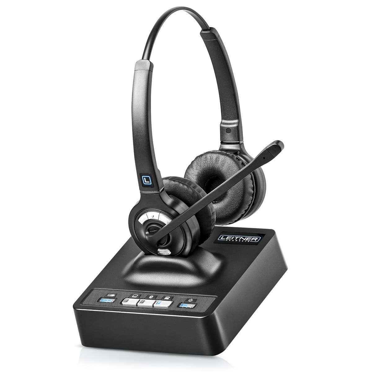 Leitner LH375 Auricular inalámbrico 3 en 1 para oficina con micrófono - Auricular para computadora, teléfono y celular - Garantía de 5 años - Doble oído LTR/LH375