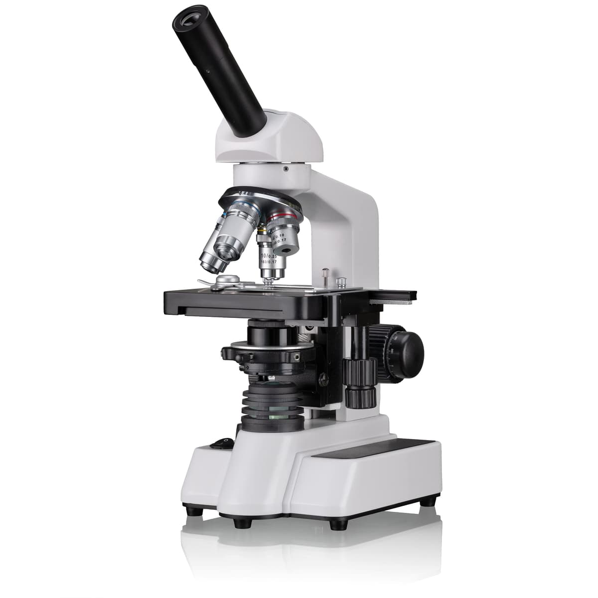 Microscopio Monocular de Luz Transmitida Bresser Erudit DLX 40x-1000x, Mesa Cruzada Coaxial, Enfoque Macrométrico y Micrométrico y Condensador Abbe Ajustable, LED con Batería/Red 5102000