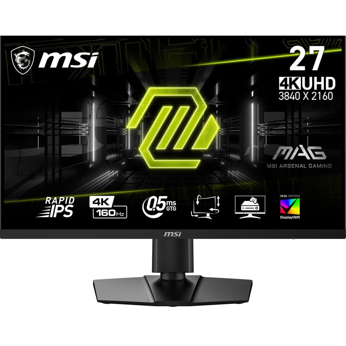 msi MAG274UPF E2, monitor gaming Rapid IPS 27" 3840 x 2160 (UHD) 4K, 1 ms, 160 Hz, FreeSync Premium, HDR400, compatible con G-Sync, HDMI, DisplayPort, inclinable, giratorio, pivote y ajuste de altura, negro