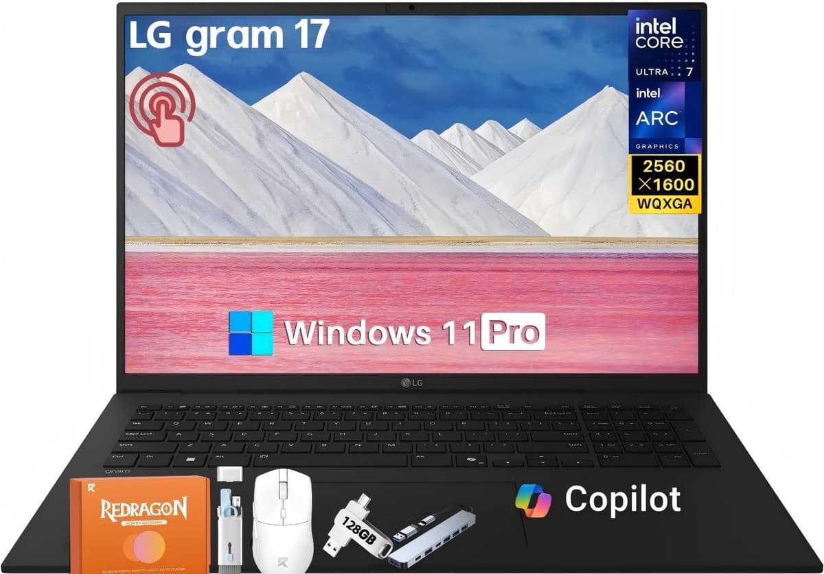 LG gram 17" Copilot+ PC, portátil delgado y liviano, Intel Evo Edition - Intel Core Ultra 7 258V, 32 GB RAM, 2 TB SSD, 17" WQXGA (2560x1600), Intel ARC Graphics, Wi-Fi 7, teclado retroiluminado, Windows 11 Pro