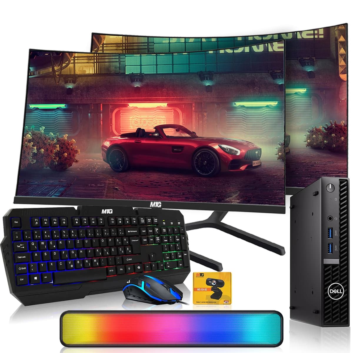 Dell Optiplex Tiny Mini Desktop PC Intel Core i5, 32GB RAM, 512GB SSD con doble monitor curvo 27" y accesorios RGB (Renewed)