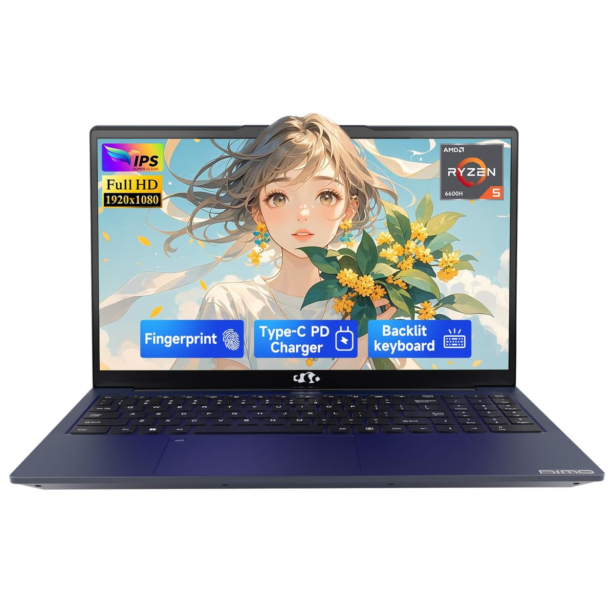 NIMO Notebook Gaming 15,6" IPS FHD, AMD Ryzen 5 6600H, 32 GB DDR5 RAM, 1 TB SSD (Mejor que i7-1165G7, 6 núcleos hasta 4,5 GHz), GPU AMD Radeon 660M 100W, Carga rápida USB-C PD, Teclado retroiluminado, Lector de huellas ARN21S