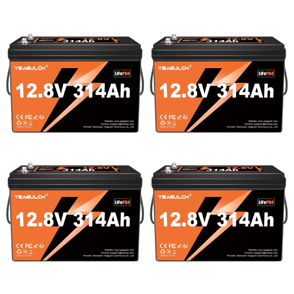 yeagulch 4x Batería LiFePO4 12V 300Ah (314Ah) 4019Wh con BMS 200A - Ideal para RV/Off-Grid YS95416