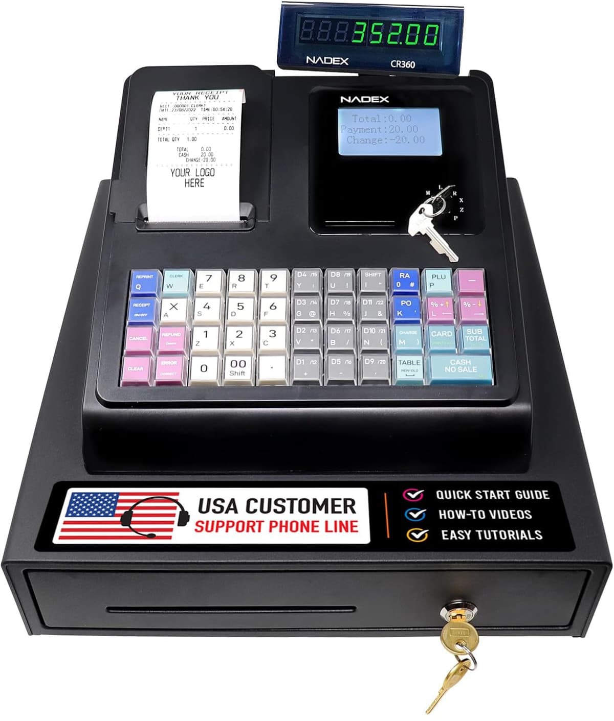 Nadex CR360 caja registradora con impresora térmica y cajón para efectivo, negra (NXTE-1386)