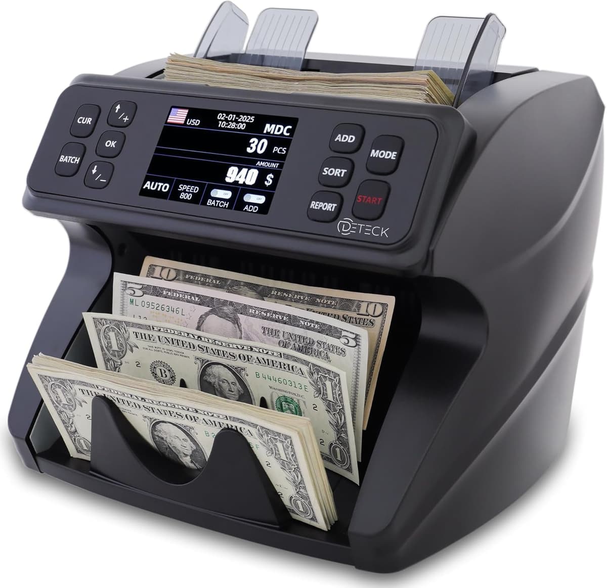 DETECK DT600 Contadora de billetes mixta con detección UV/MG/IR/MT/2CIS y reconocimiento de número de serie, impresora compatible BILLCOUNTER600C