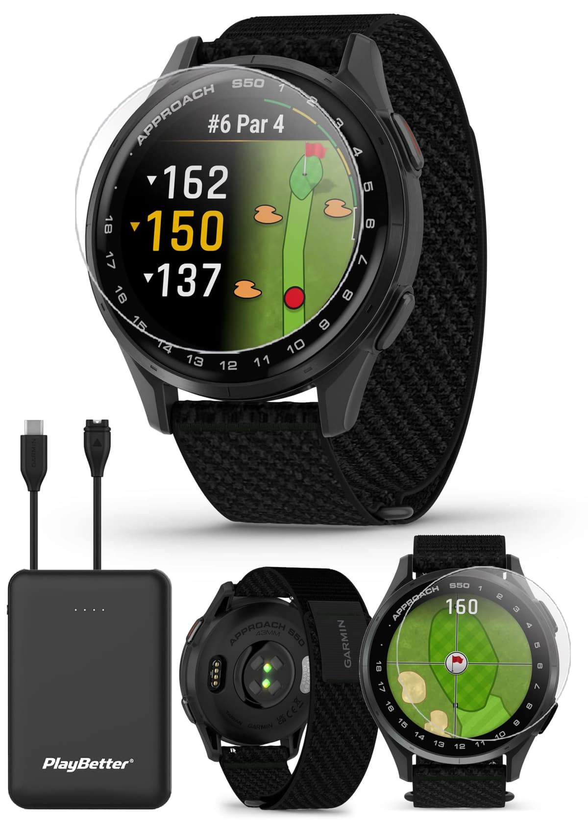Garmin Approach S50 (Pizarra/Negro) Pack Smartwatch GPS para Golf - Pantalla AMOLED 1.2", Funciones en el Campo, Frecuencia Cardíaca en la Muñeca con Protectores de Pantalla PlayBetter y Cargador Portátil 5000 mAh 010-03010-00 (Watch) | Z05 (Charger)