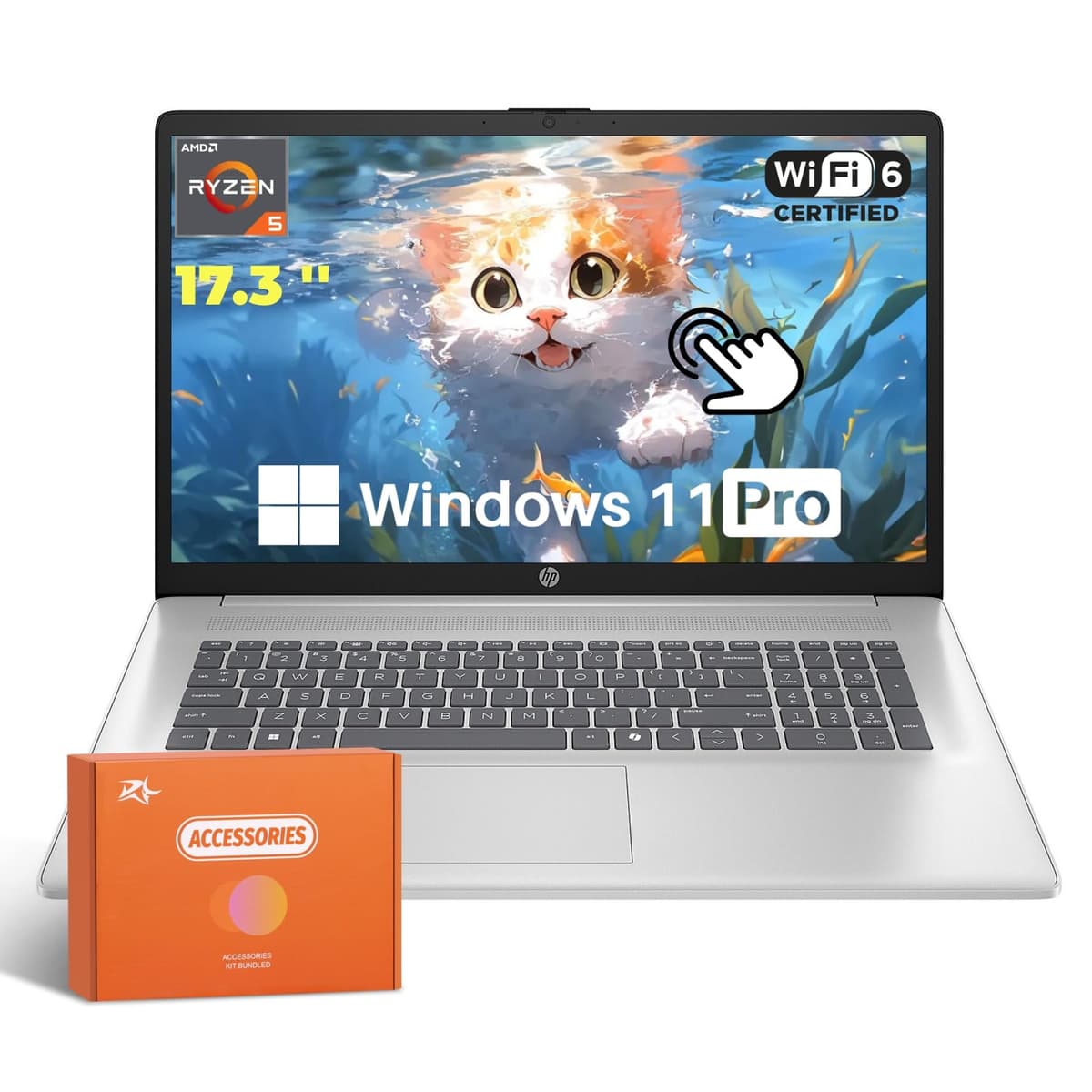 Portátil HP 17 pulgadas con pantalla táctil 2025, AMD Ryzen 5 7430U (hasta 4.3 GHz), Windows 11 Pro, pantalla táctil HD+ de 17.3", Wi-Fi 6, Bluetooth 5.4, cámara HD, carga rápida, 16 GB RAM, 1 TB SSD, RH-Accessories HP Laptop