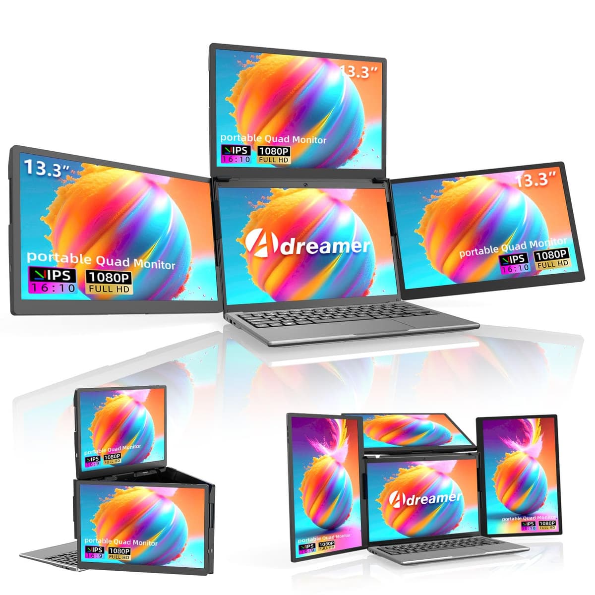 ADREAMER 13.3" Extensor triple de pantalla para laptop - 3x FHD 1920×1200 IPS, desmontable 13S