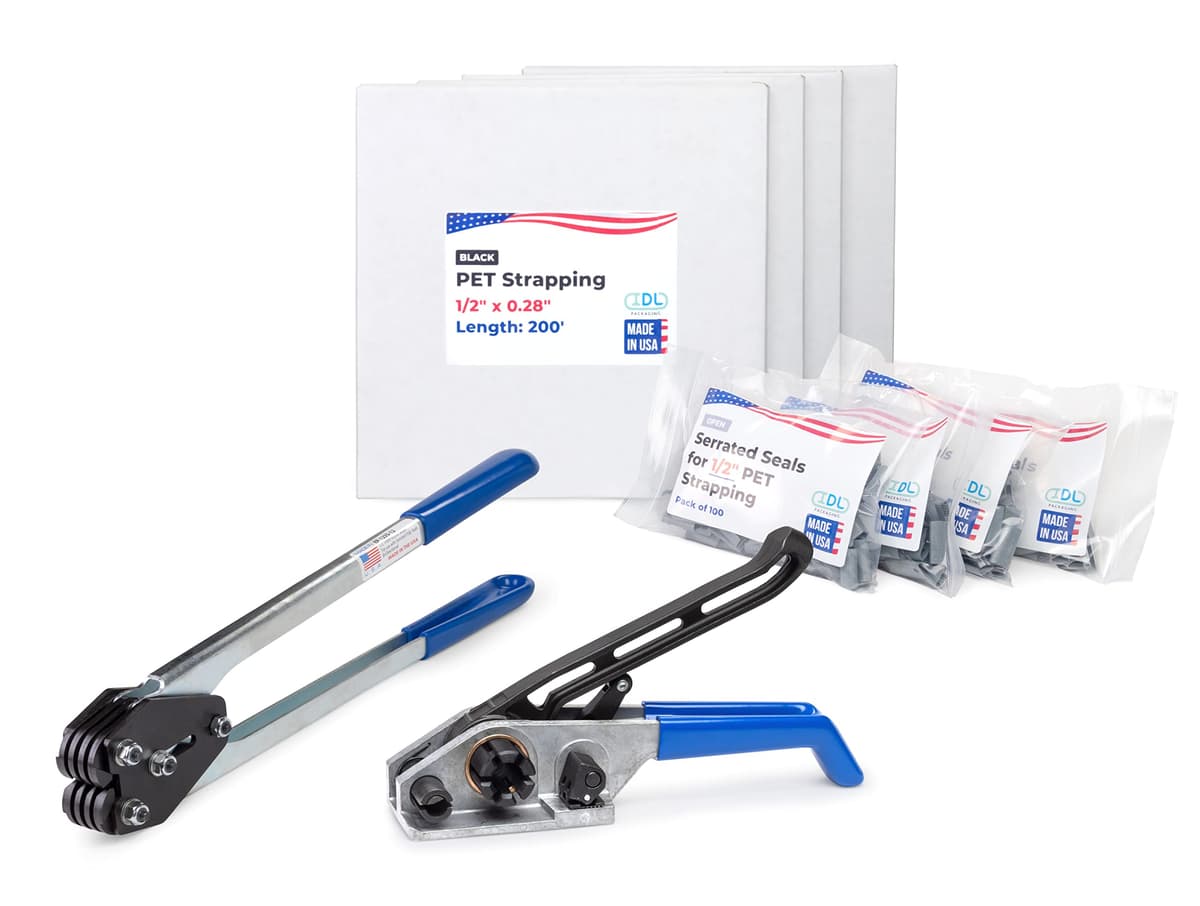 IDL Packaging Kit de Flejado PET 1/2" x 800' (760 lbs) - Herramientas y Sellos para 400 Usos US-PSK.12.800