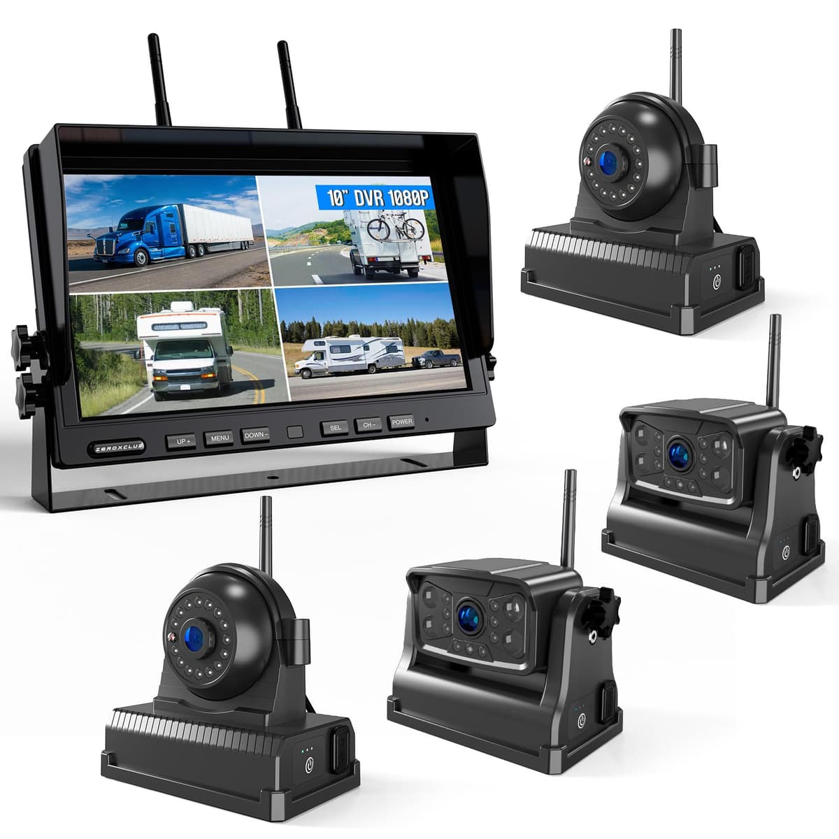 Cámara de Retroceso Inalámbrica Magnética para RV, Monitor HD 1080P de 10" con Grabación en Bucle, Sistema Inalámbrico de 2 Cámaras Traseras y 2 Laterales para RV Remolque Camiones, Batería Integrada de 9600mAh, Visión Nocturna - ZEROXCLUB BC104