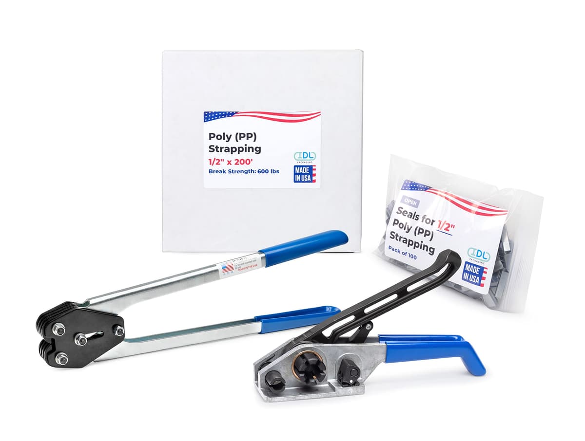 IDL Packaging Kit de Flejado PP 1/2" x 200' (600 lbs) - Herramientas y Sellos para 100 Usos US-PPSK.600.200