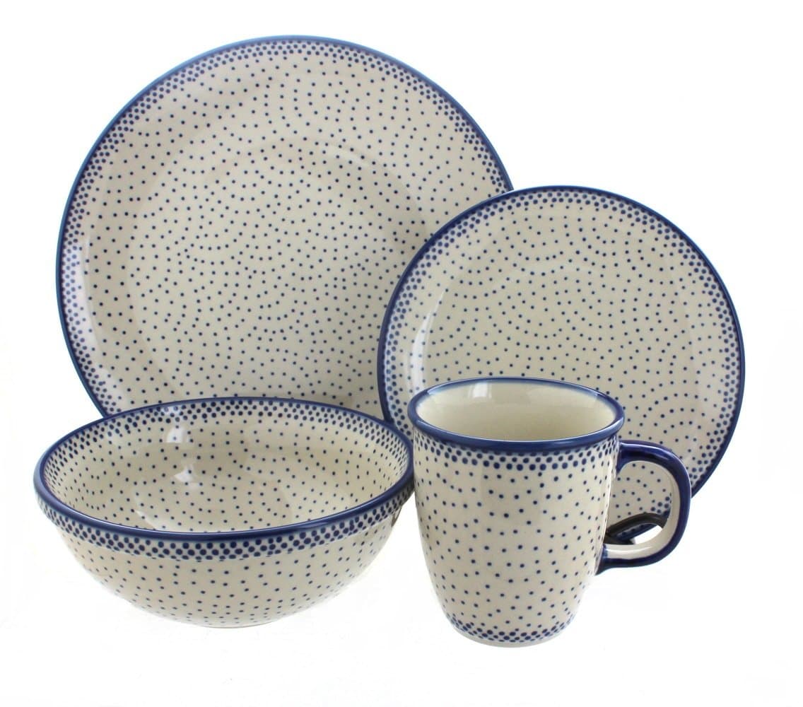 Blue Rose Polish Pottery Juego de Cena 16 Piezas Blue Small Dots, 4 Servicios, Cerámica Hecha a Mano 1000-61A-4