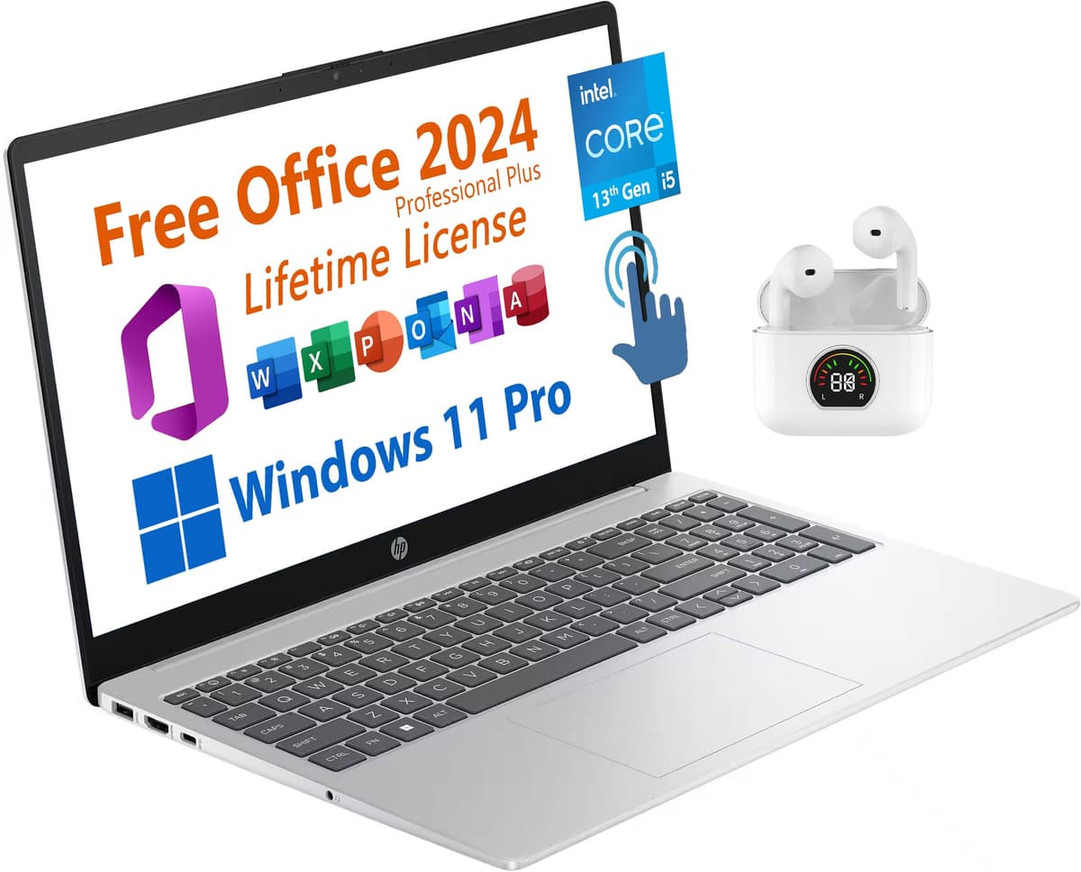 HP Notebook empresarial de 15.6", Office Microsoft 2024 gratis, pantalla tactil FHD, Intel i5-1334U de 10 nucleos hasta 4.6 GHz, 16 GB RAM, SSD 2 TB, bateria 6.5 horas, WiFi 6, Windows 11 Pro, auriculares inalambricos Toree fd0154