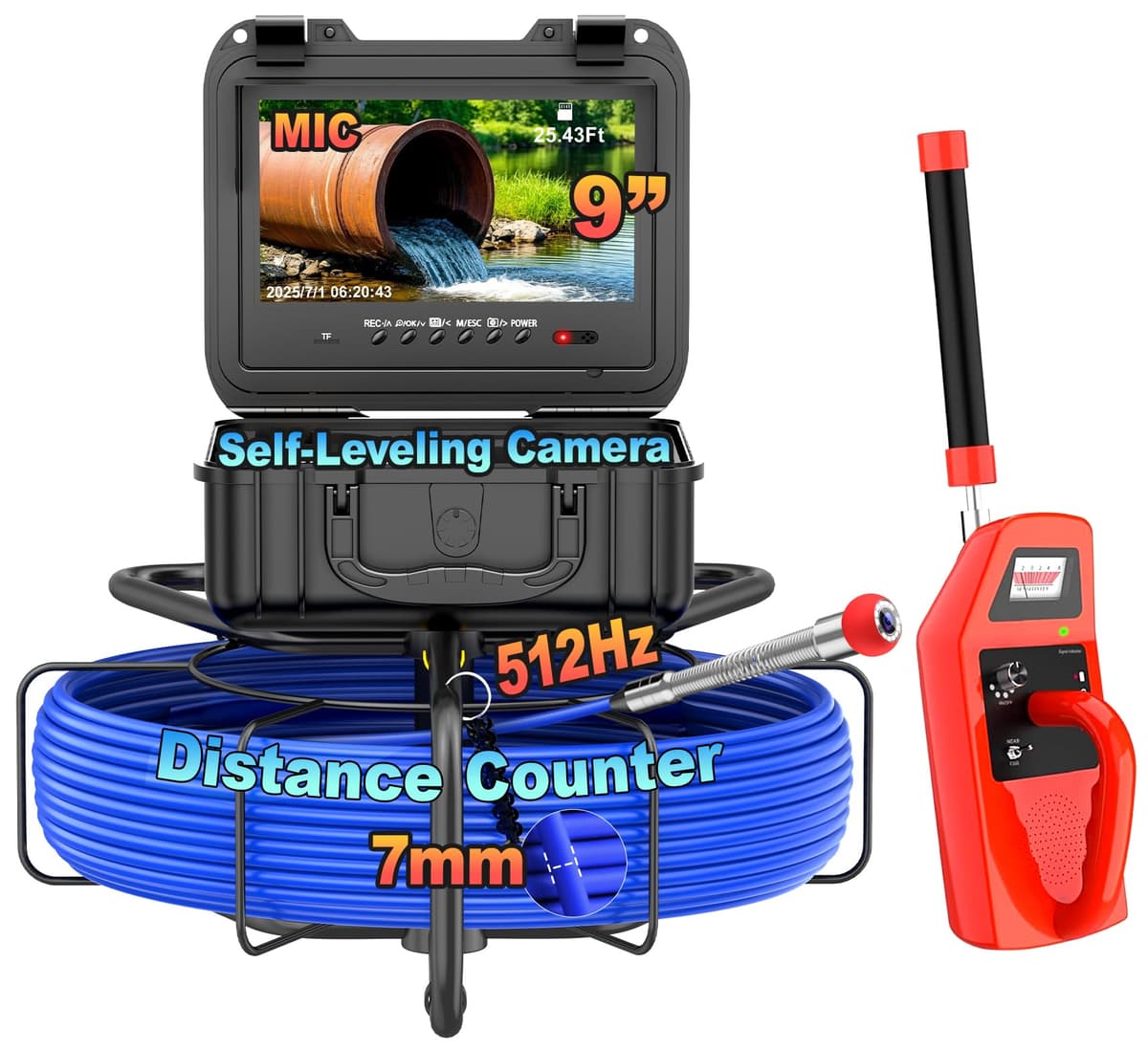 Anysun Cámara de inspección de tuberías 165ft con localizador 512Hz, cable 7mm, pantalla 9" 1080P
