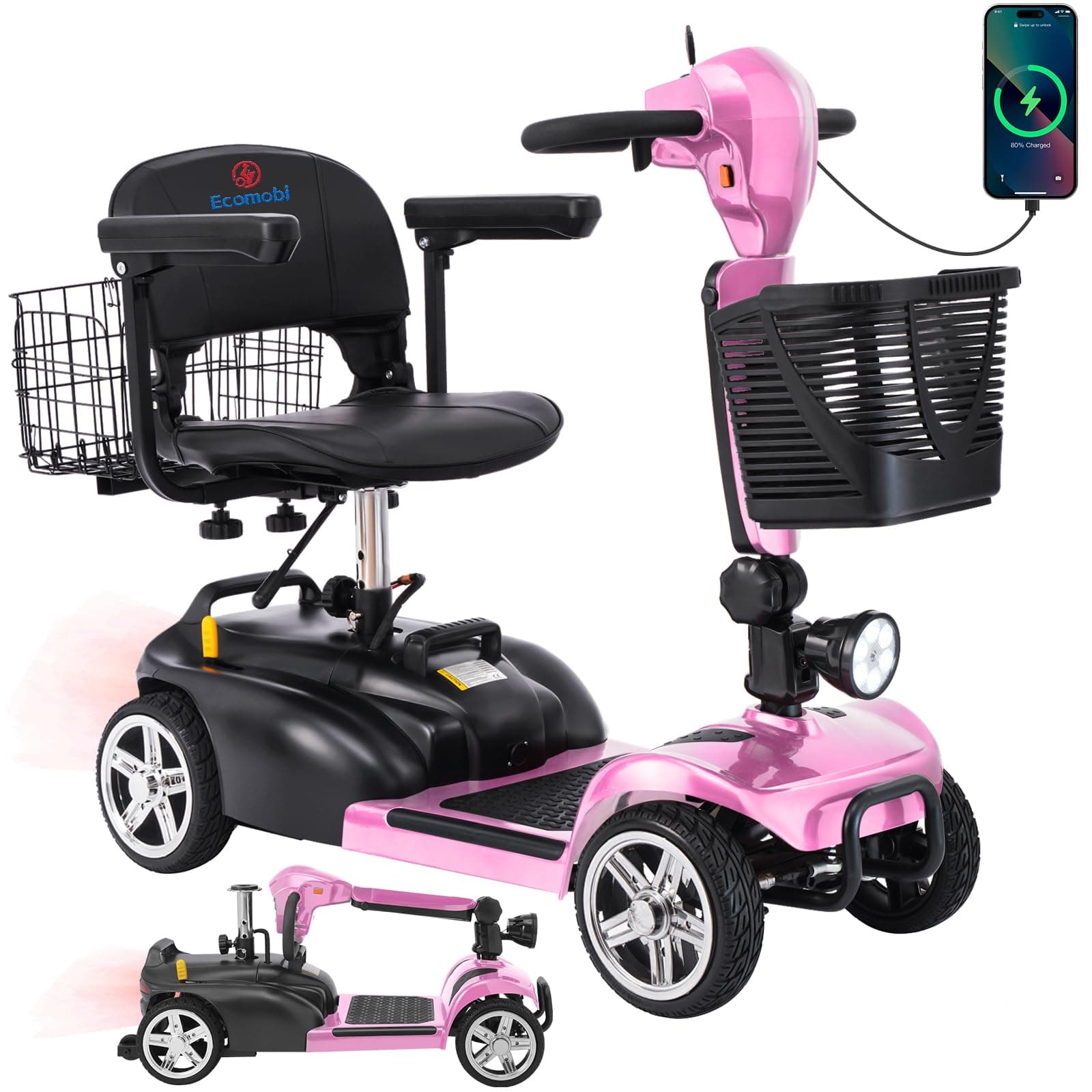 Ecomobi 4 Wheels Mobility Scooter 350W - Plegable con batería extraíble y doble canasto (15-30 Miles) MS02Z-15Ah with 15Ah Battery