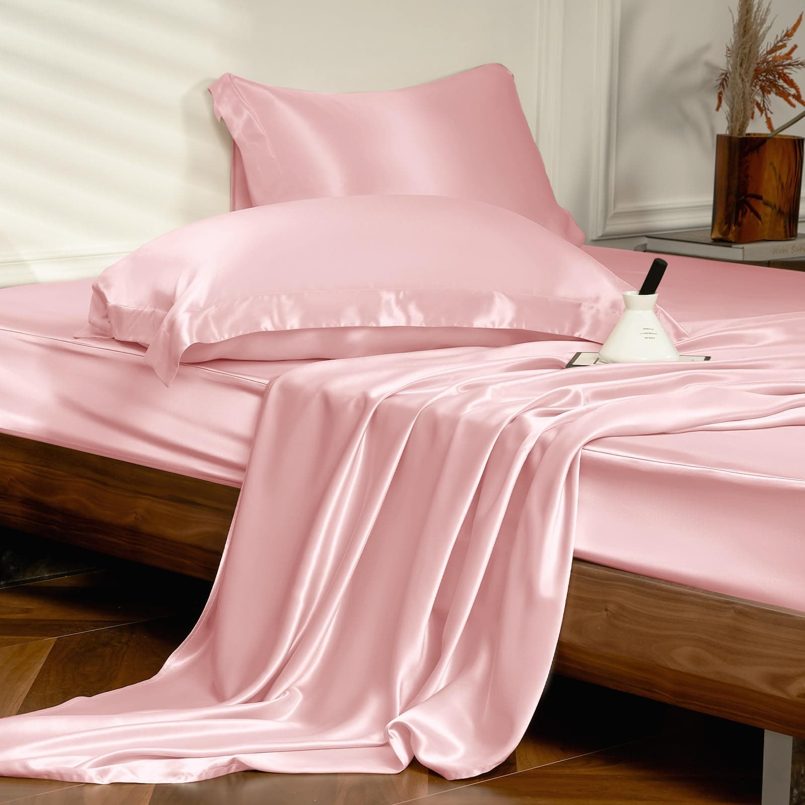 THXSILK Juego de Sábanas 4 piezas Seda 25 Momme (Charming Pink, Queen)