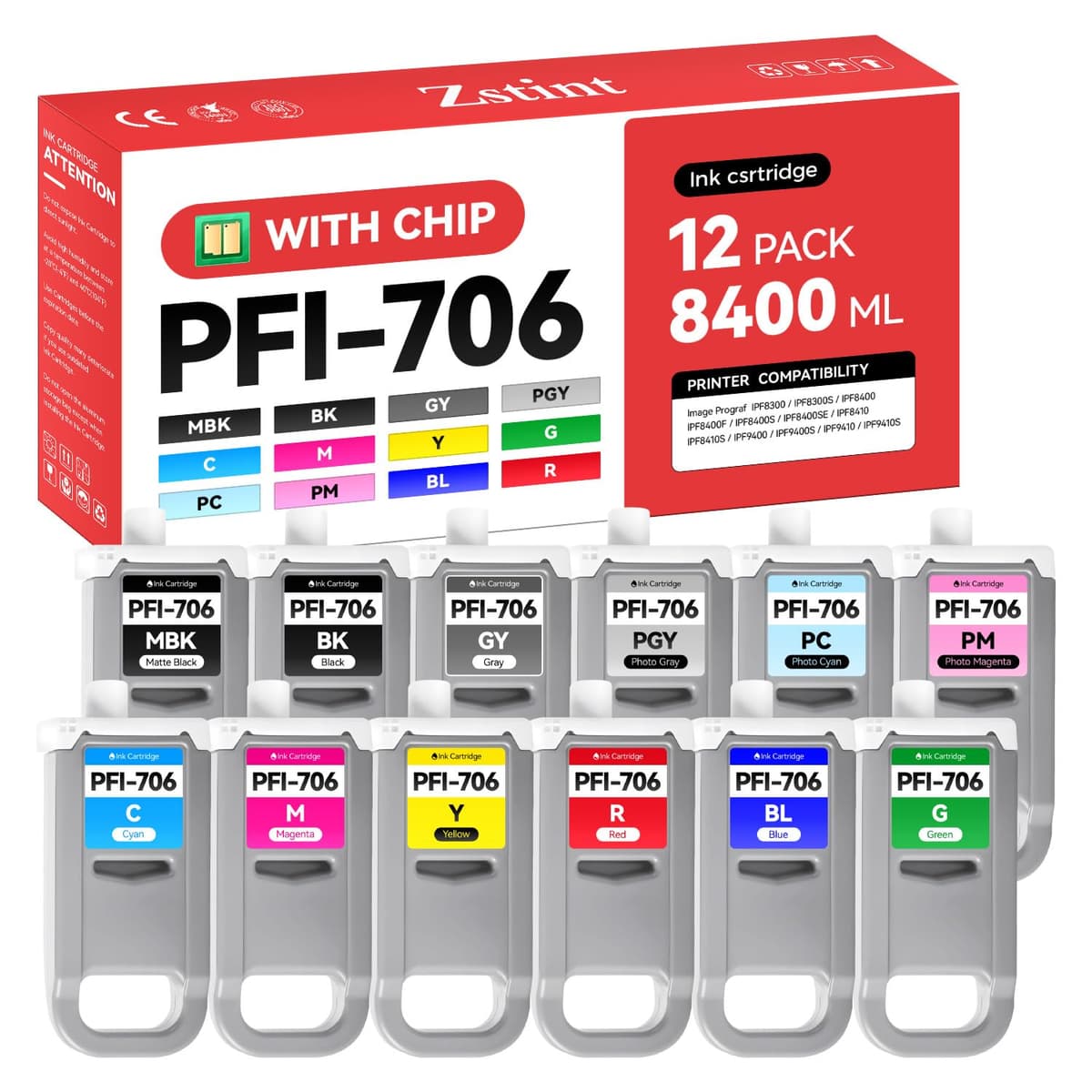 Zstint Juego de tintas PFI-706 12-Pack 700ml compatible Canon ImagePROGRAF ZS-US-CN-PFI706-1B11C