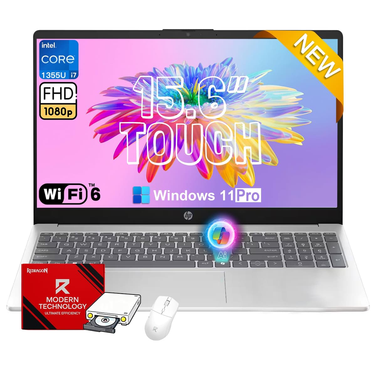 HP 2026 Portátil Empresarial Táctil 15.6" - Intel i7 1355U 10 núcleos (Hasta 5.0 GHz), 16GB RAM, SSD 1TB, Pantalla FHD Antirreflejo 15.6" 300 nits, Windows 11 Pro, Wi-Fi 6, AI Copilot, con Paquete Redragon HP 15.6 Touchscreen Laptop