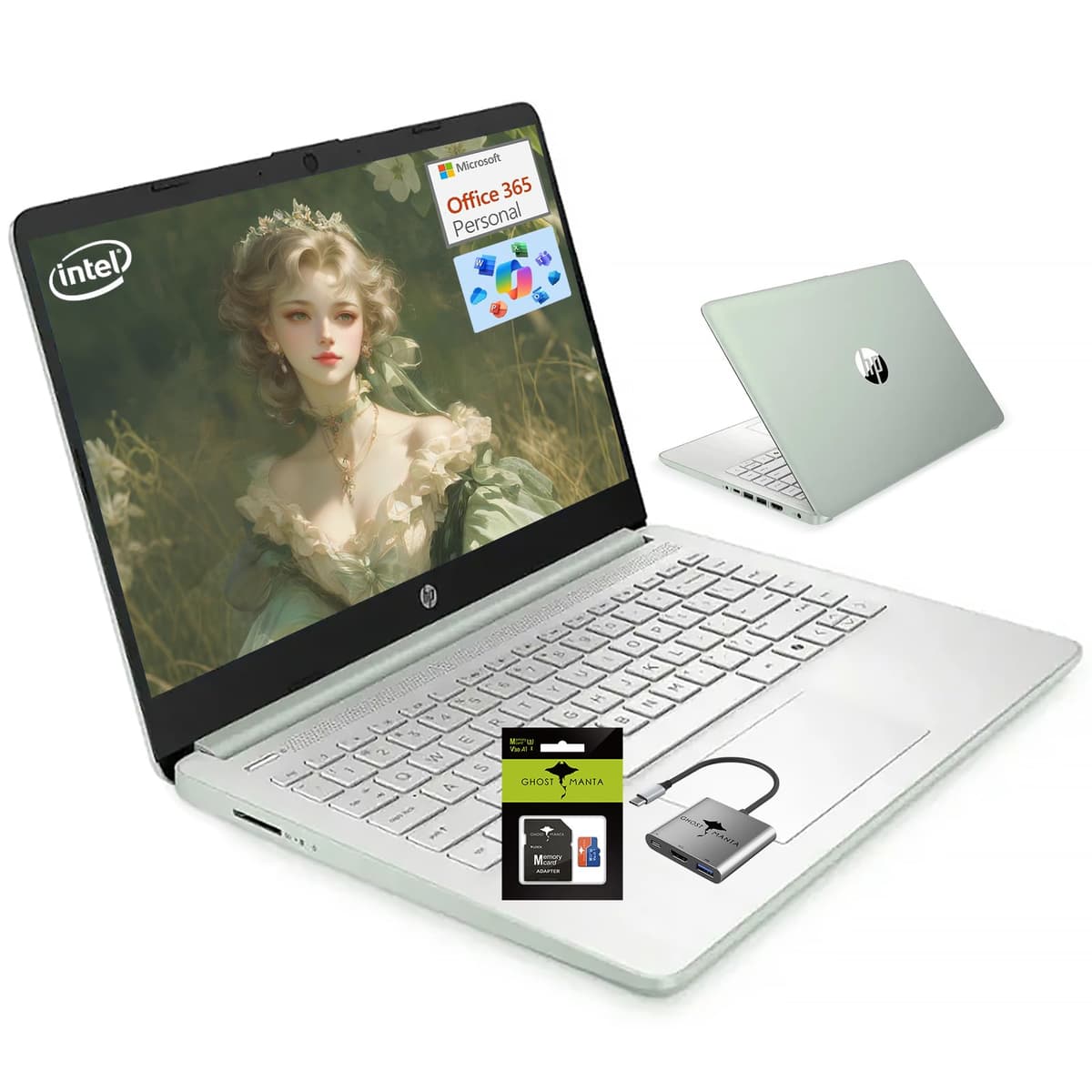 HP Laptop 14" Microsoft 365, Procesador Quad-Core (Mejor que i3), 8GB RAM, 1.38TB Almacenamiento (128GB eMMC + 256GB tarjeta SD y 1TB en la nube), WiFi 6, Windows 11, para Hogar, Estudiantes y Negocios con Accesorios GM