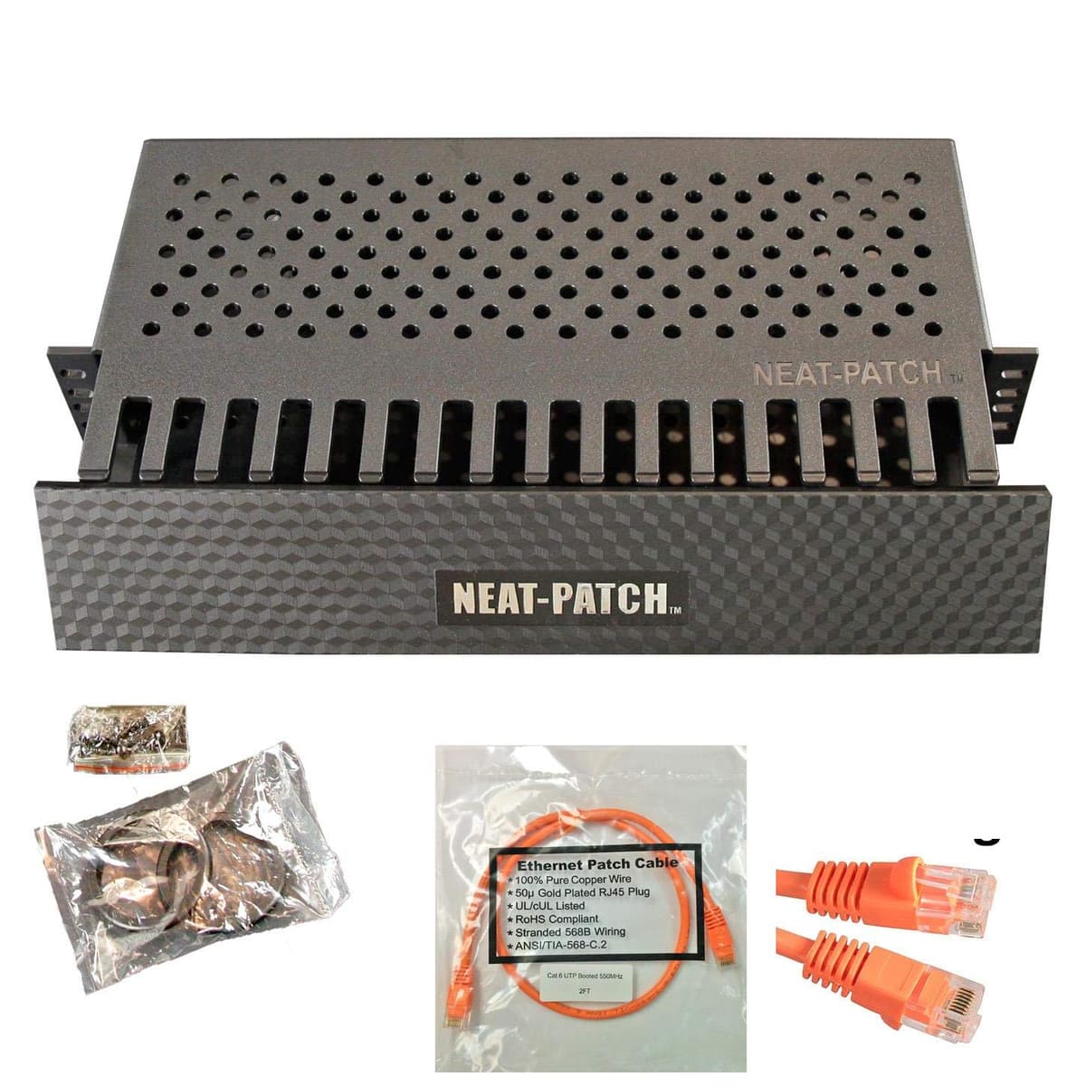 Kit de Gestión de Cables Neat Patch 2U - Paquete de 5 con 120 Cables Patch CAT6 (60 cm Naranja) NP2-5PK-120CAT6-OR