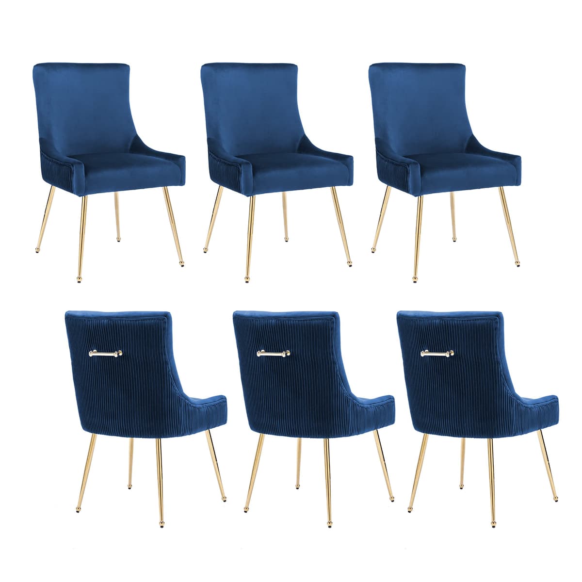 adochr Silla de comedor terciopelo set x6 con patas doradas y respaldo plisado (azul oscuro)