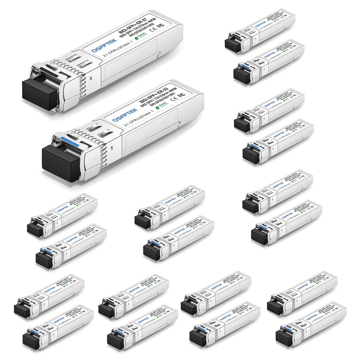 QSFPTEK Kit 10 Pares Transceptores SFP+ 10GBASE-BiDi 10G Bidi LC SMF 1270/1330nm hasta 40km Compatible Cisco BIDI-SFP+-ER-40CO-10P