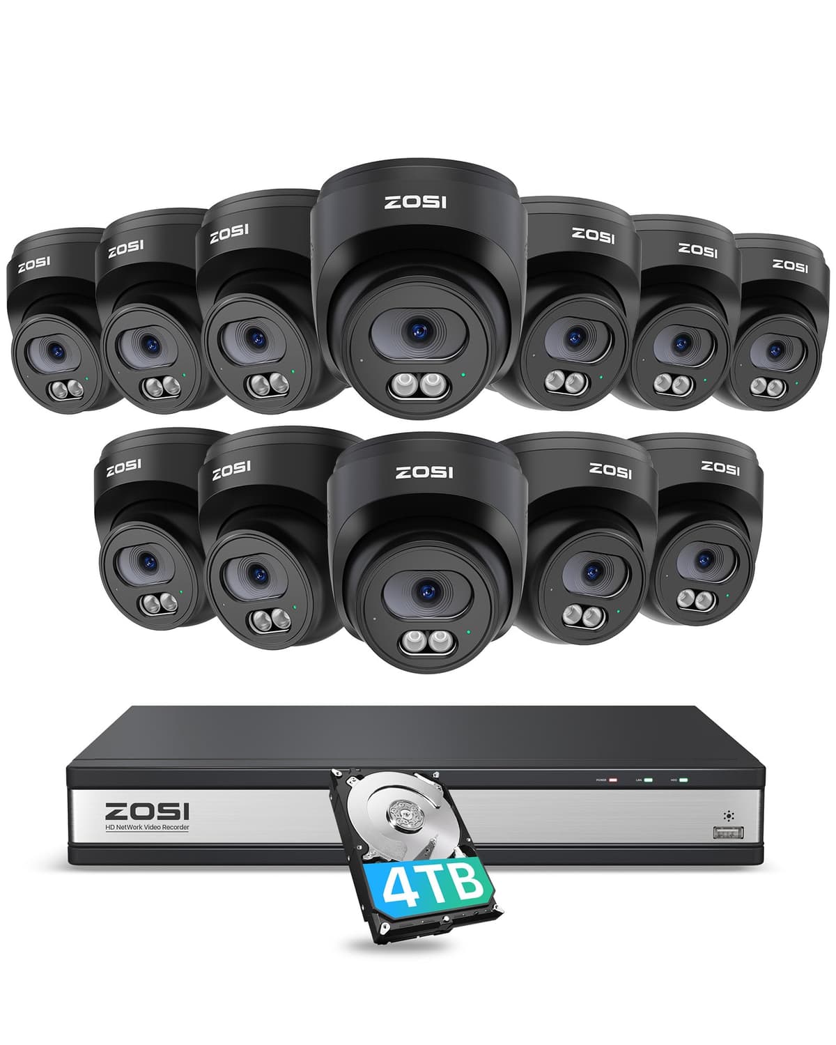 Sistema de cámaras de seguridad ZOSI C220 16CH 4K PoE, NVR 16 canales 4K 8MP con HDD 4TB para grabación 24/7, 14 cámaras dome IP 4MP (1440p) QHD 2.5K exterior/interior, detección inteligente de humanos, audio bidireccional 168K4-2204B14-US