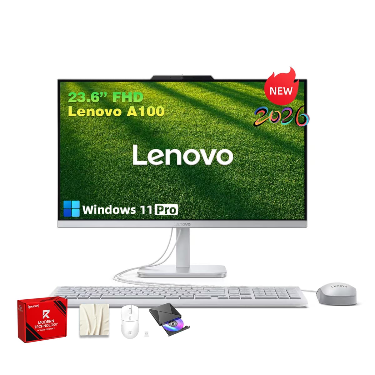 Computadora de Escritorio Todo en Uno Lenovo 2026, Pantalla IPS FHD de 24", 32 GB RAM, 1 TB SSD, Windows 11 Pro, Gráficos Intel UHD, Procesador Intel N100, Teclado y Mouse con Cable, PC de Escritorio para Hogar, WiFi 6
