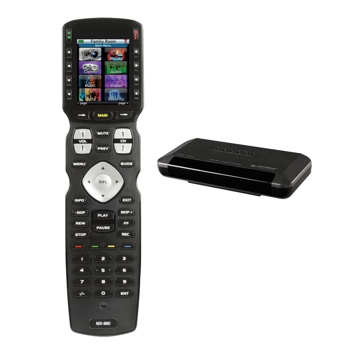 Control remoto universal pantalla LCD color MX-990 con botones físicos IR/RF y estación base MRF-350 de RF a IR