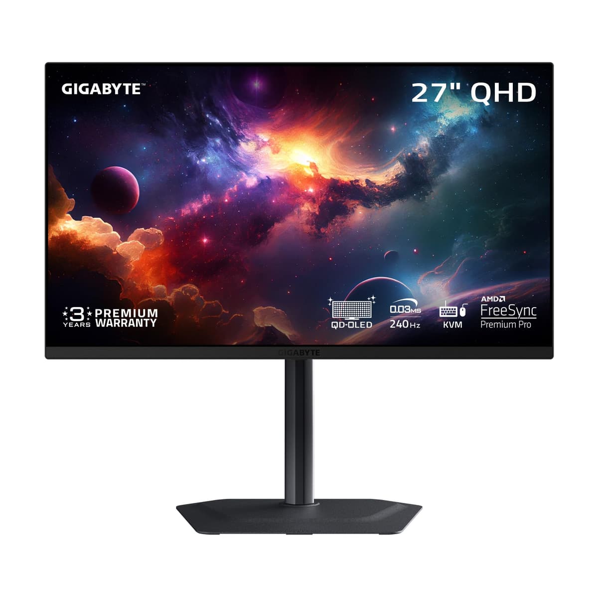 GIGABYTE - MO27Q2-27 Monitor Gaming QD-OLED - QHD 2560x1440-240Hz - 0.03ms GTG - AMD FreeSync Premium Pro - KVM Tipo C - HDMI, DP - Ajuste de altura - Negro