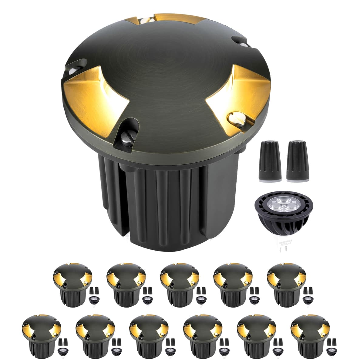 Gardenreet Landscape Brass Well Lights - Luces empotradas de latón Ip65 cableadas eléctricas para tierra, luminaria de baja tensión 12V, bronce antiguo para exterior patio entrada de autos con bombilla MR16 4000K blanco neutro IGWL-2204C-12PCS-4000K-BULB