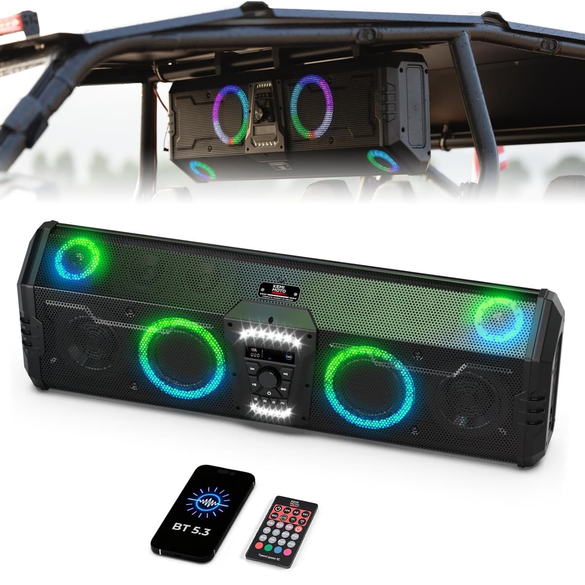 KEMIMOTO Midnight 90 Sistema de Sonido UTV Todo en Uno Bocina en Techo con Radio FM y Dobles Woofers de 5.25" Luces RGB, BT5.3 800W Máx IP66 Impermeable Compatible con Polaris RZR Can-Am B0117-03018-BKROUAND