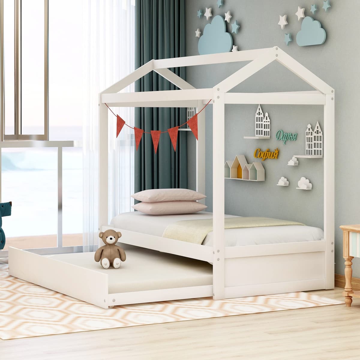 Tensun Cama en forma de casita con cama nido, tamaño twin, estructura con techo para niños, niñas y adolescentes, puede decorarse, listones de madera (no requiere colchón con base), blanco BD272