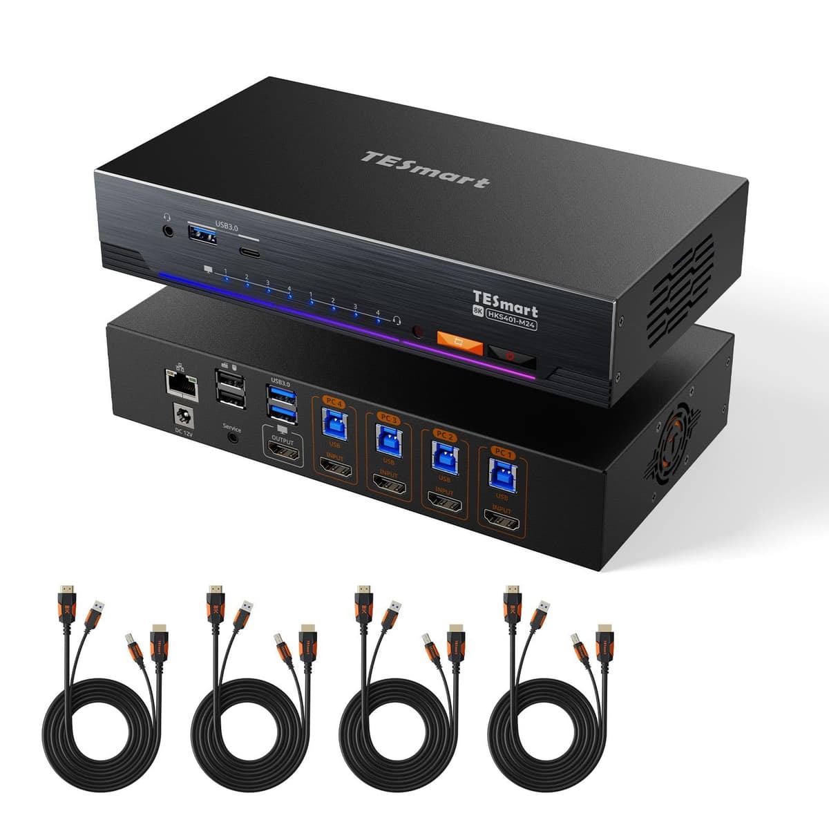 TESmart KVM HDMI 8K@60Hz 4 Puertos, USB 3.0, 1 Monitor, 1G Ethernet, EDID, Audio/Mic, Hotkey HKS401-M24-USBK