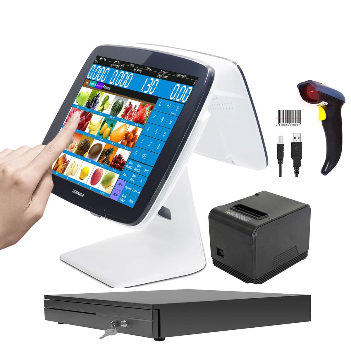 ZHONGJI Caja Registradora POS Táctil Win10 Doble Pantalla SET05 con Software POS y Kit de Punto de Venta ZHONGJI-NEWS-A3D-BUN05