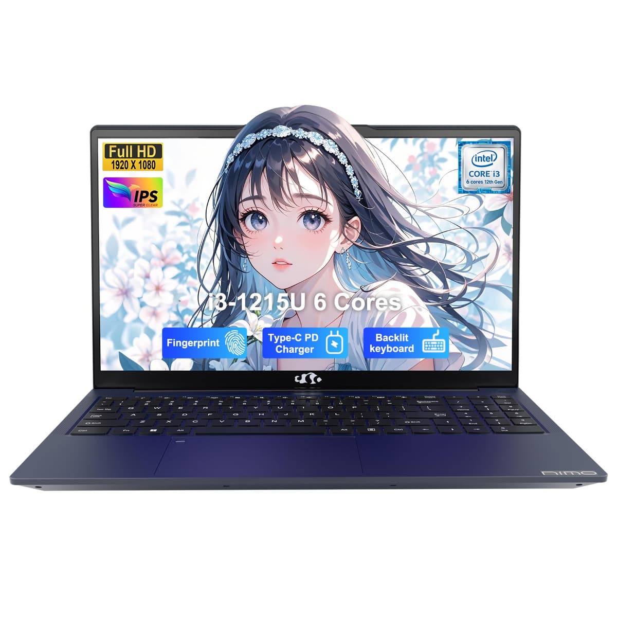NIMO 15.6" IPS FHD-Portátil Estudiantil, Intel 6 Núcleos i3-1215U 32GB RAM 1TB SSD (Rinde como i5-1135G7, hasta 4.4GHz) Computadora con Cargador 65W USB-C, Teclado Retroiluminado y Lector de Huellas, para Hogar y Trabajo, Azul NIMO N154