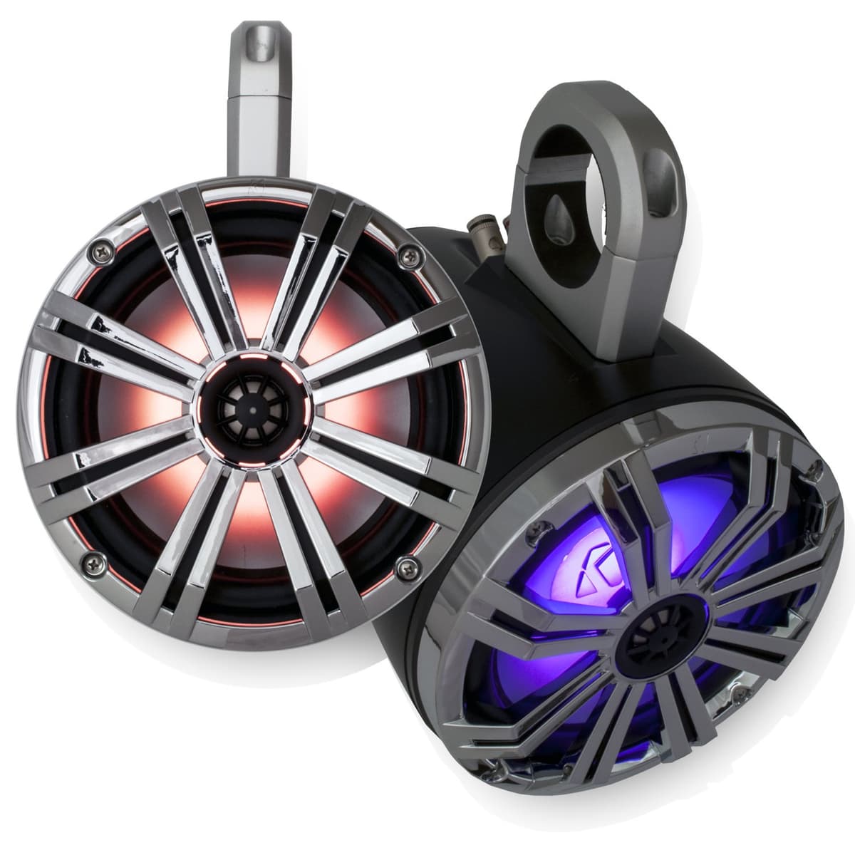 KICKER Marine Sistema Wake Tower LED de 8" con cubiertas negras y parrillas cromadas, incluye control remoto para LEDs 43KMTES8B+43KM84LCWC