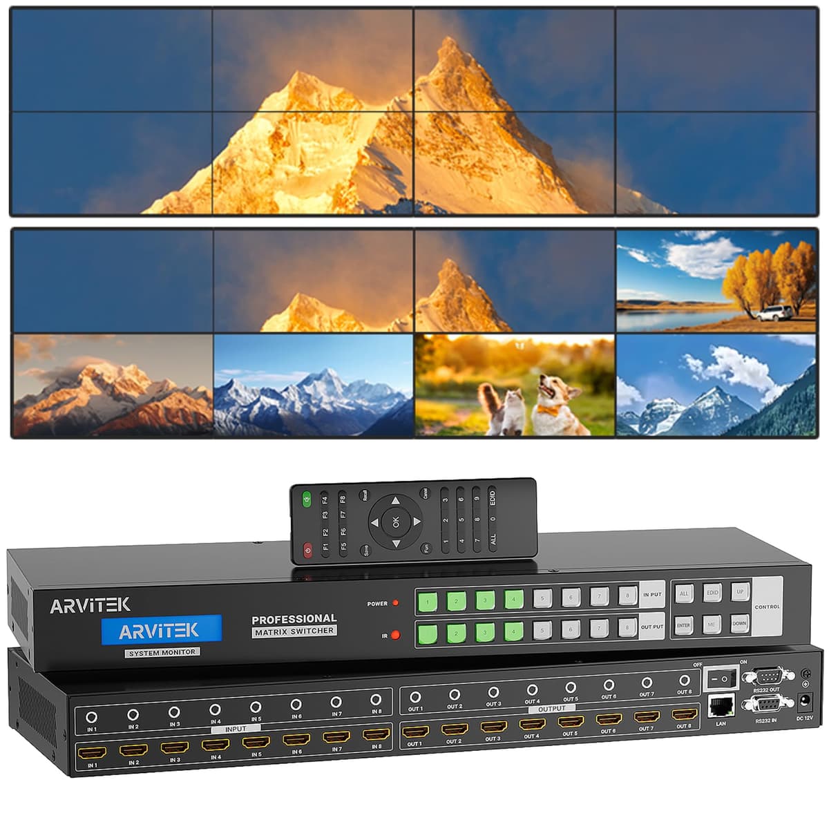 Arvitek Matriz HDMI 8x8 4K Sin Interrupciones con GUI Web, Controlador Personalizado de Video Wall, Montaje en Rack 1U, Multiplicador/Conmutador HDMI con Salida de Audio y Múltiples Modos de Control 8 In 8 Out