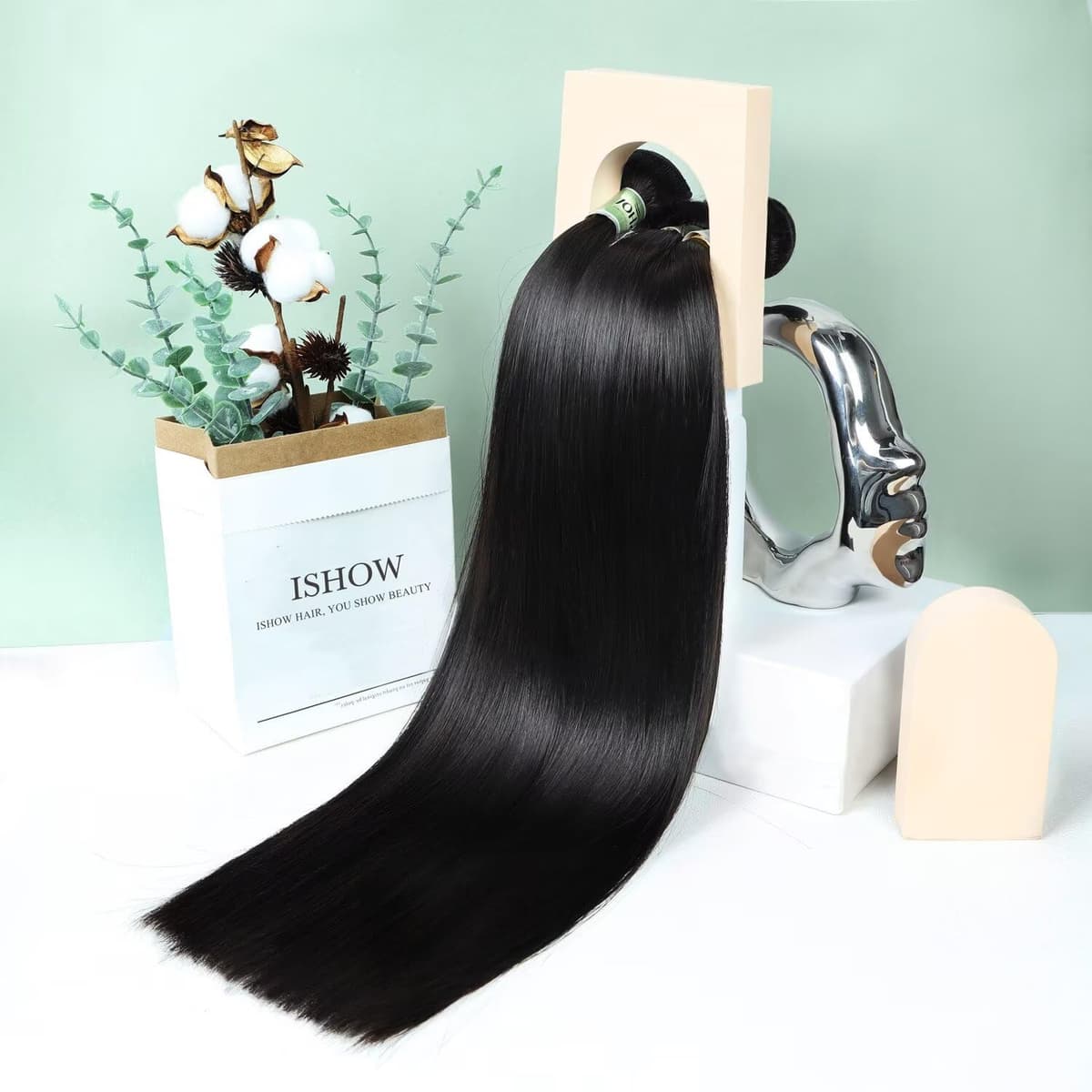 ISHOW Raw Human Hair Bundles 3 paquetes Liso 22/24/26 pulgadas Color 1B