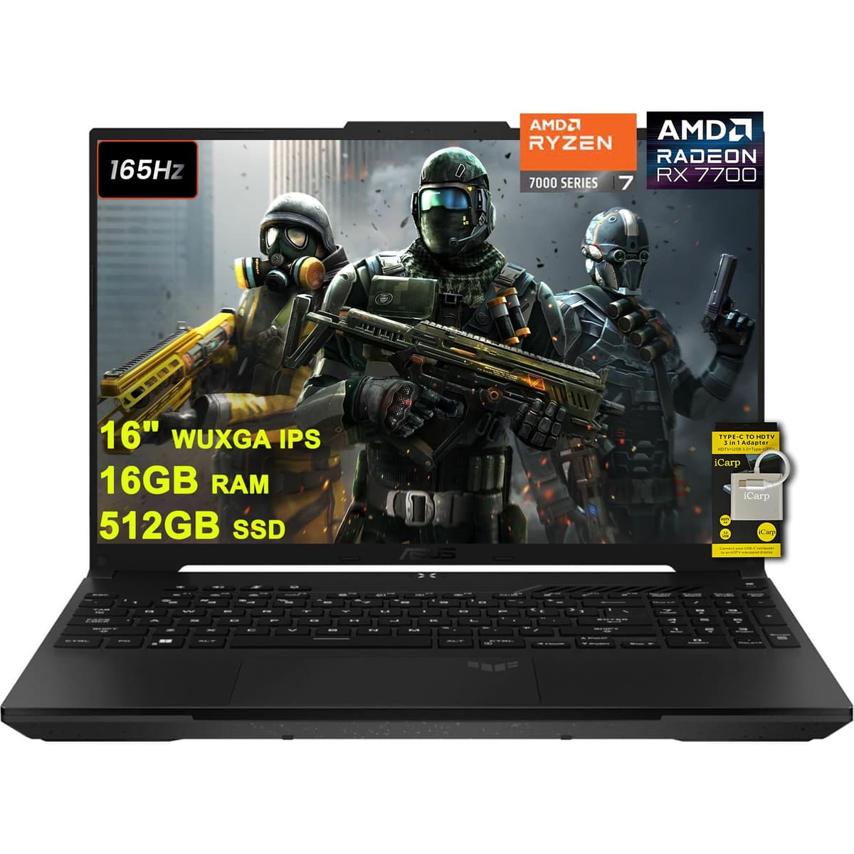 ASUS TUF Gaming A16 Laptop 16" WUXGA 165Hz 100% sRGB AMD Ryzen 7 7735HS de 8 núcleos 16 GB RAM 512 GB SSD Radeon RX 7700S 8 GB (>RTX4060) Retroiluminada USB4 Carga rápida Cancelación de ruido por IA Win11 con accesorio ICP